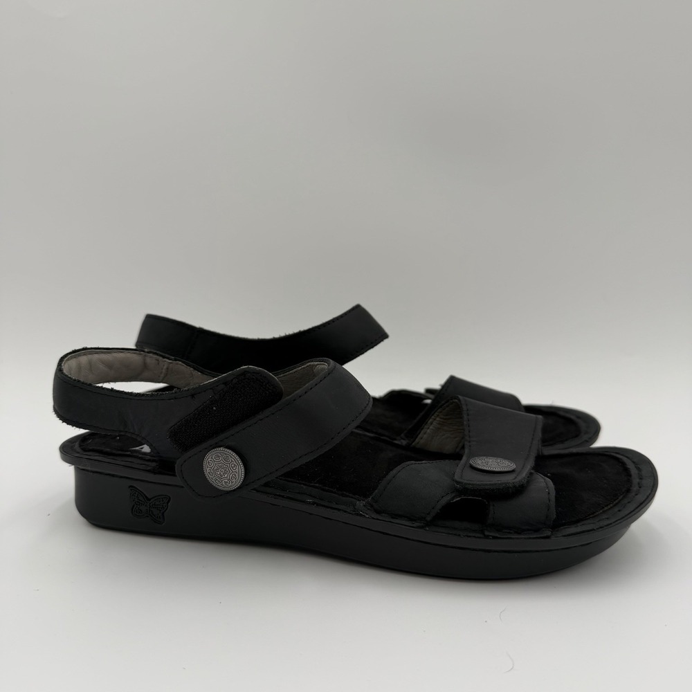 Alegria Vienna Black Leather Sandals Women's Size 9 EU 39 Open Toe Wedge Slides